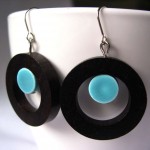 Brown Wood and Blue Ceramic Bead Hoop Earrings