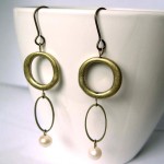 Antiqued Brass Long Pearl Earrings